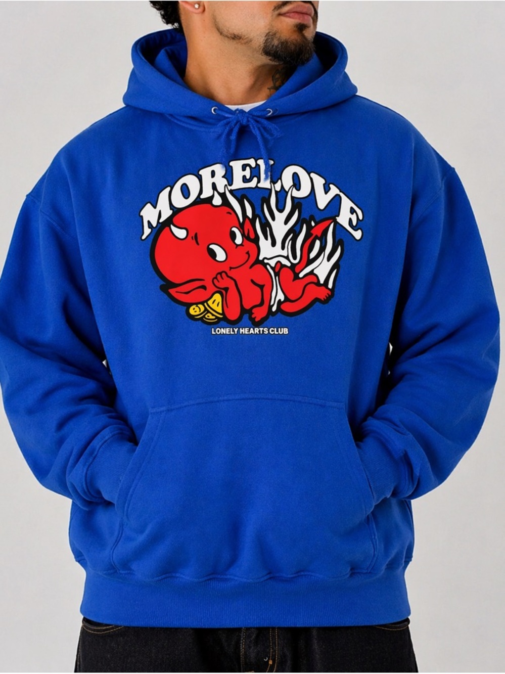 Lonely Hearts Club Morelove Blue Pullover Hoodie with Red Devil Graphic